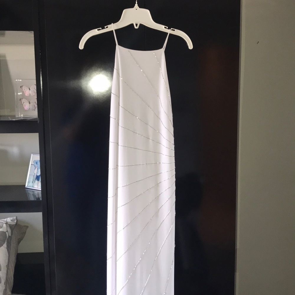 White prom dress with silver bead accents